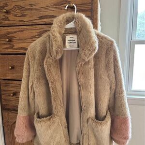 Girls Faux Fur Coat - Cream and Pink